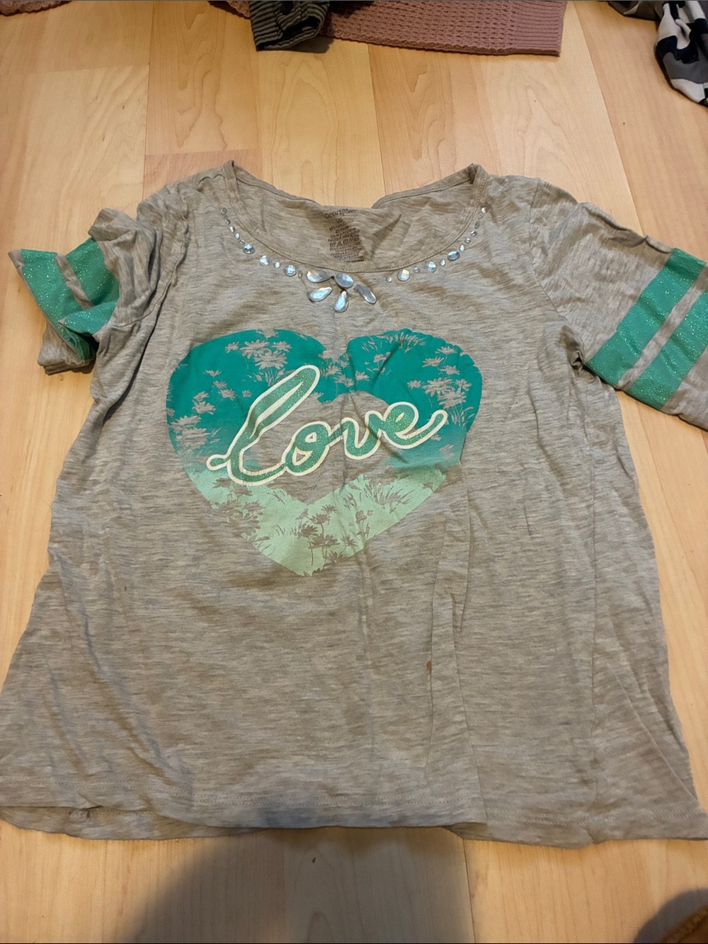 George Gray Tee with Teal Heart 'Love' Graphic and Green Glitter Sleeve Stripes